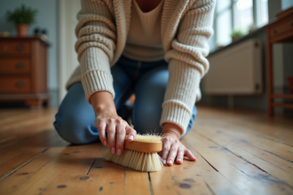 Femme nettoyant un parquet ancien avec brosse naturelle