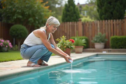 Femme souriante nettoyant la piscine avec des minéraux naturels