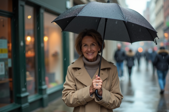 Femme avec parapluie inversé dans une rue urbaine pluvieuse
