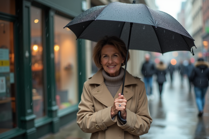 Femme avec parapluie inversé dans une rue urbaine pluvieuse