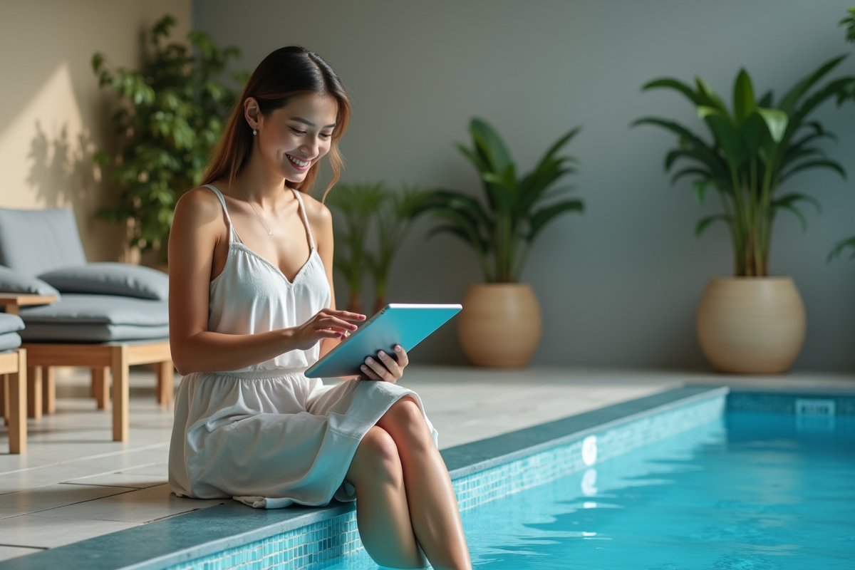 Femme souriante au bord de la piscine intérieure