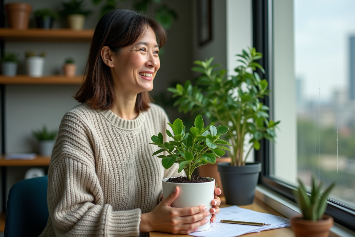 Femme confiante avec plante jade dans son bureau à domicile