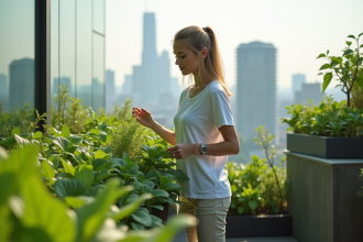 Femme en techwear dans un jardin urbain futuriste