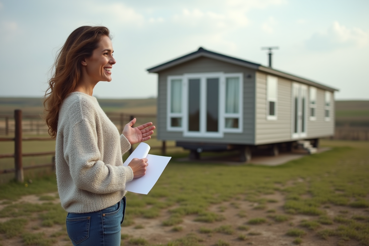 Femme souriante expliquant la livraison d une maison mobile