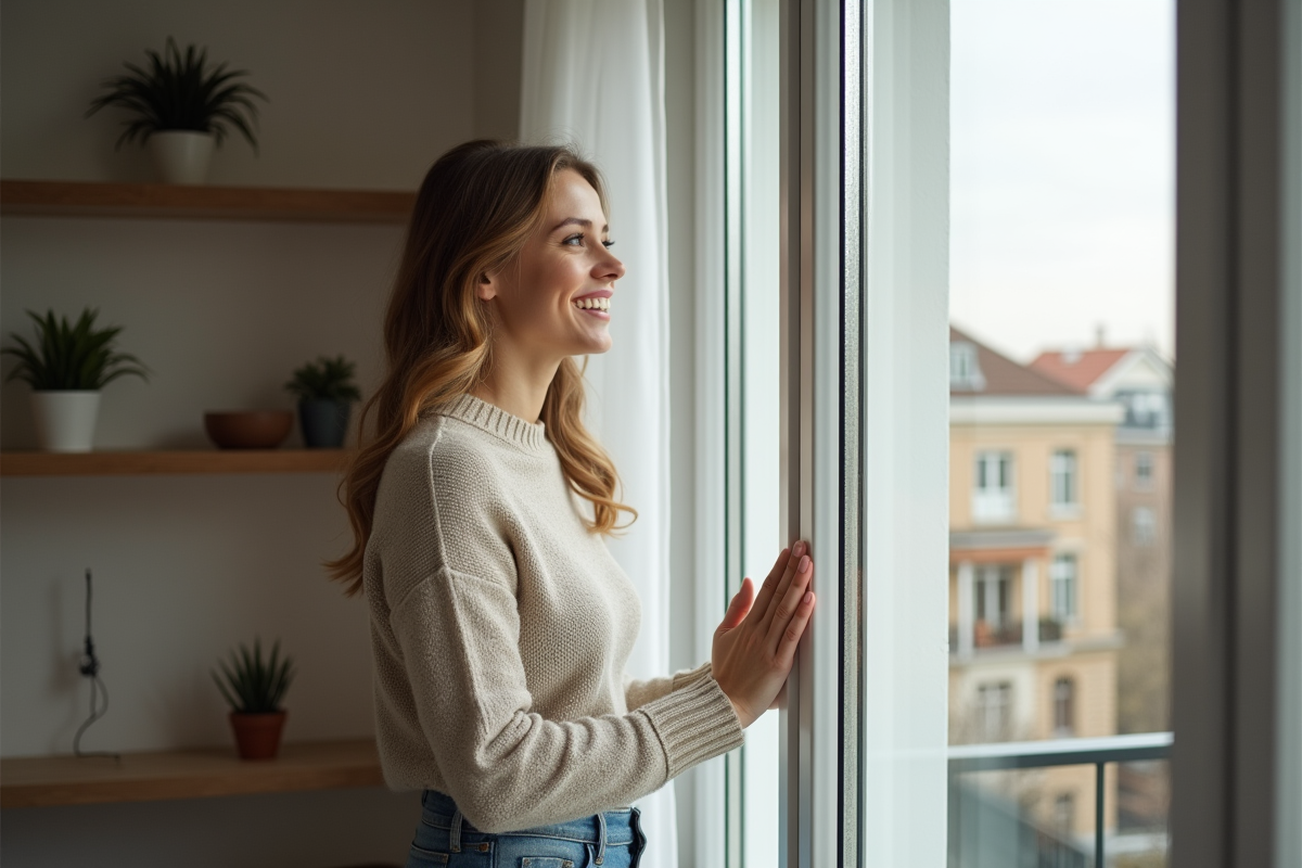 Femme regardant une fenêtre isolante dans un intérieur moderne