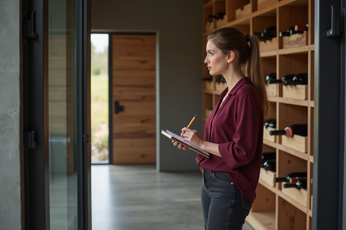 Femme planifiant un espace de stockage à vin moderne