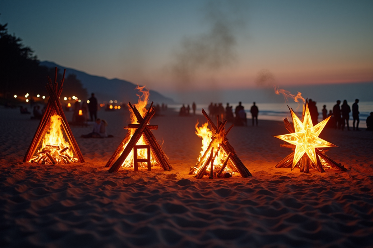 Quatre feux de camp sur une plage au crépuscule avec styles variés