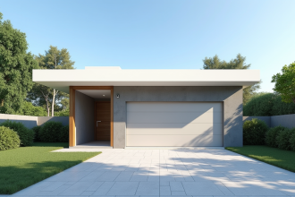 Garage moderne à toit plat avec jardin ensoleillé