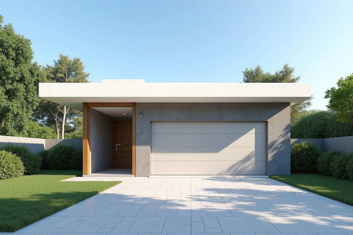 Garage moderne à toit plat avec jardin ensoleillé