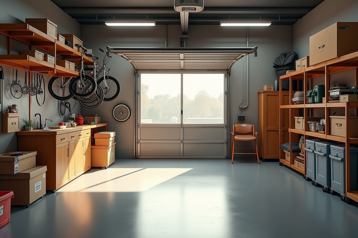 Intérieur de garage bien organisé avec étagères et vélos