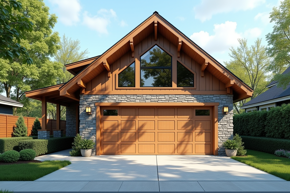 Garage rénové avec toit en pente dans quartier résidentiel