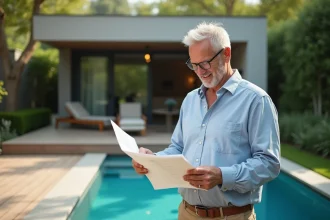 Homme en vêtements casuals examinant des plans près d'une piscine moderne