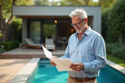 Homme en vêtements casuals examinant des plans près d'une piscine moderne
