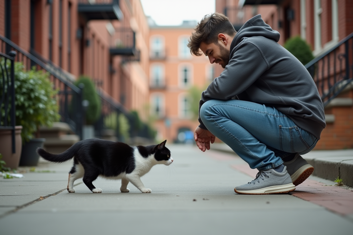 Jeune homme avec chat dans un quartier urbain