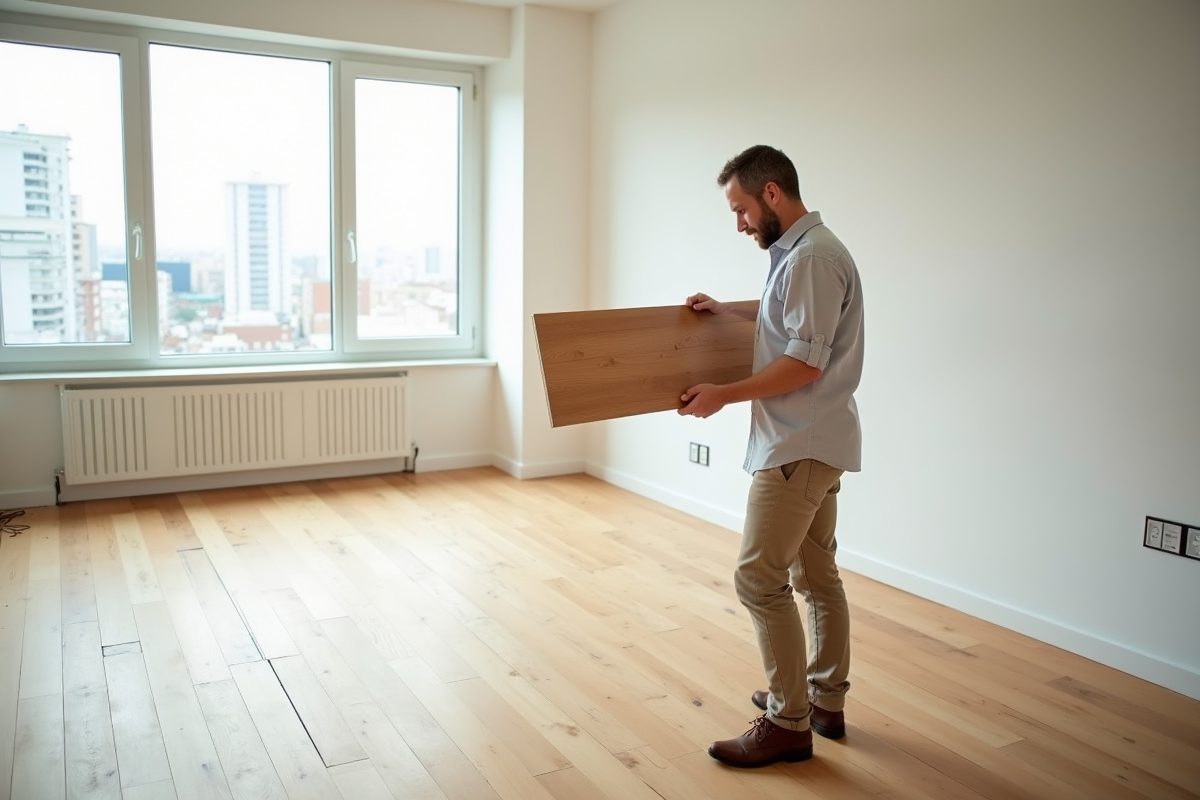 Homme tenant une planche de sol en bois dans un appartement lumineux