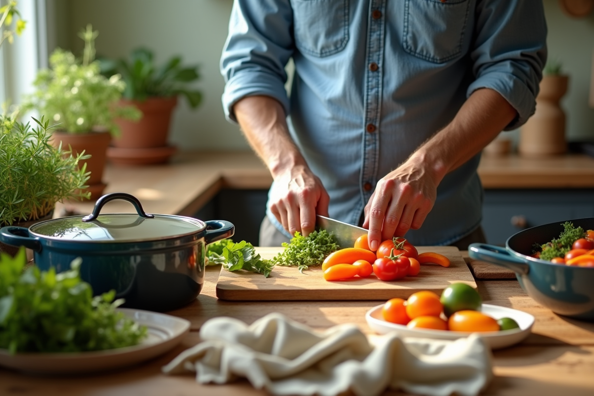 Homme coupant légumes avec ustensiles de cuisine