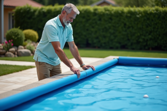 Homme d'âge moyen couvre la piscine en été dans un jardin