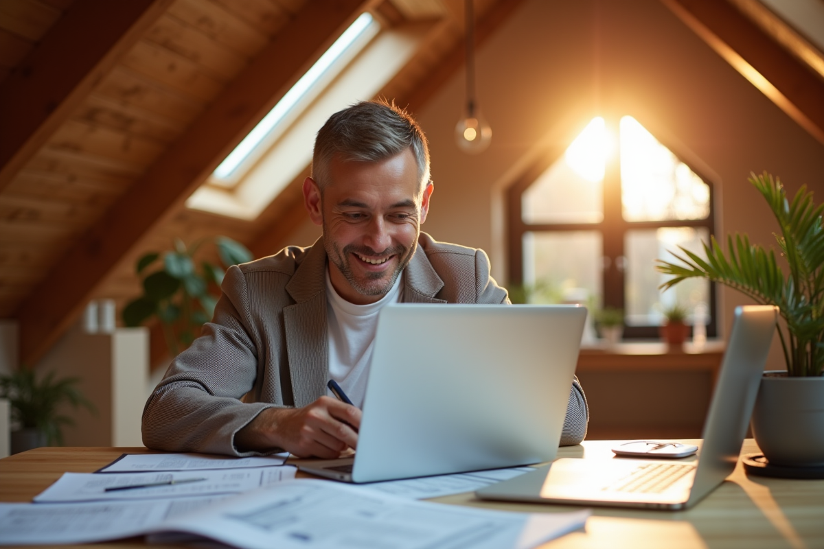 Homme souriant dans un atelier lumineux remplissant des formulaires fiscaux