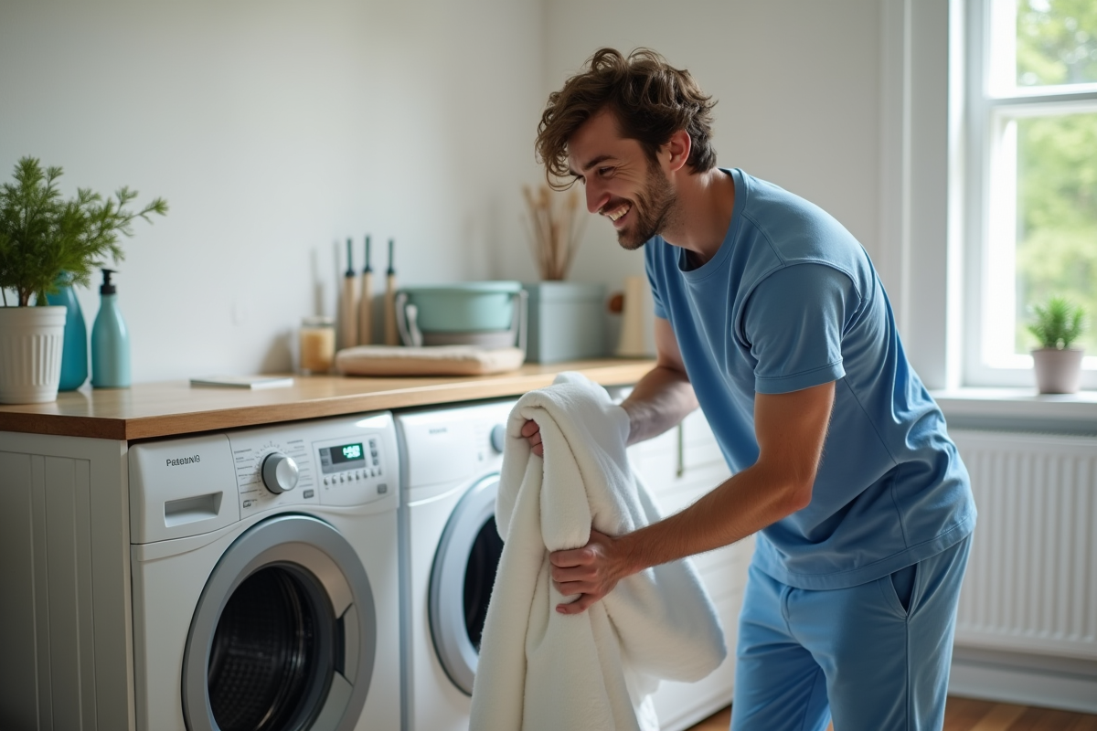 Homme souriant secouant un duvet dans la buanderie