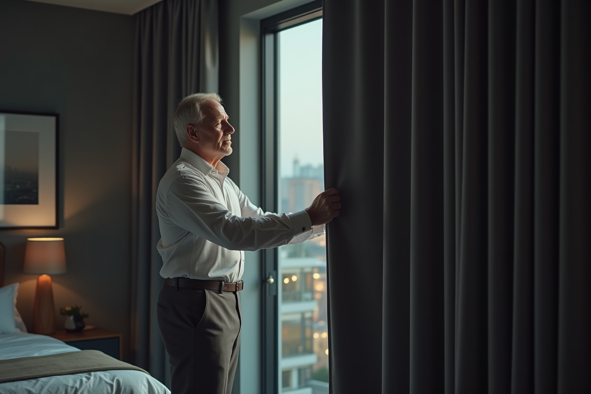 Homme fermant un rideau occultant dans une chambre moderne