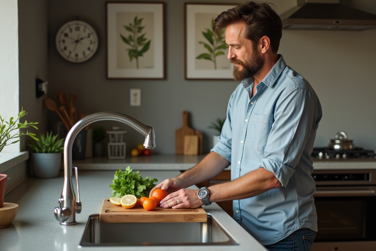 Homme lavant des légumes dans une cuisine chaleureuse