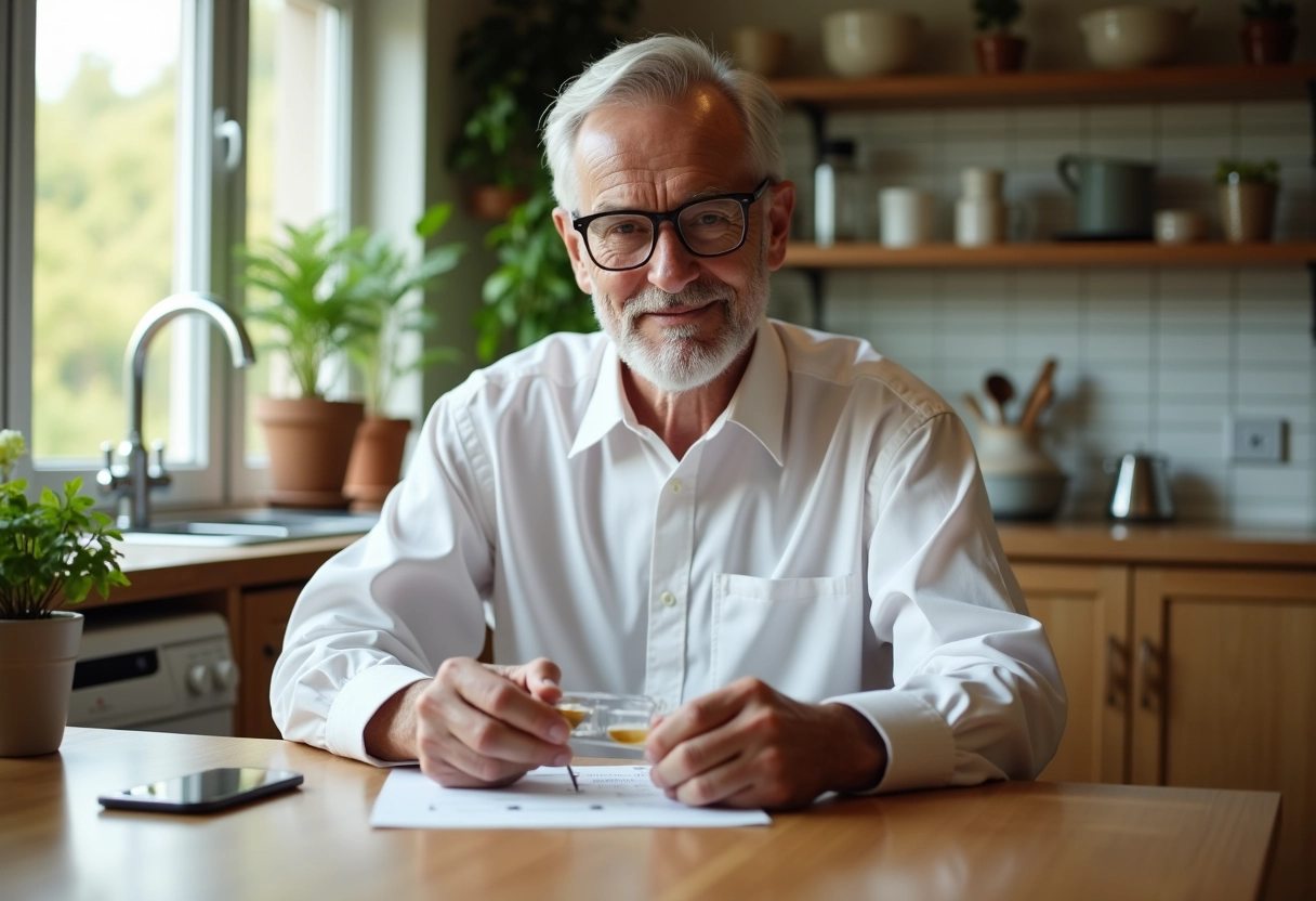 Homme âgé consulte un tableau de conversion dans la cuisine