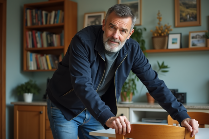 Homme d'&acirc;ge moyen soulevant une chaise en bois dans un appartement chaleureux