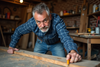 Homme mesurant un bois dans un atelier garage chaleureux