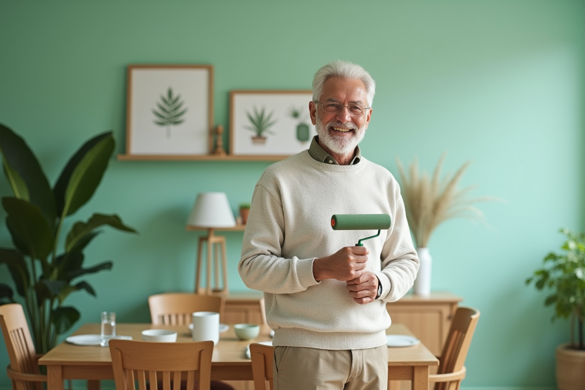 Homme âgé peignant un mur vert dans un appartement moderne