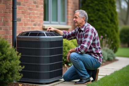 Homme d'âge moyen près d'une pompe à chaleur moderne extérieure
