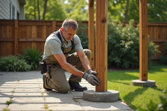 Homme en tenue casual fixant une pergola en bois sur patio