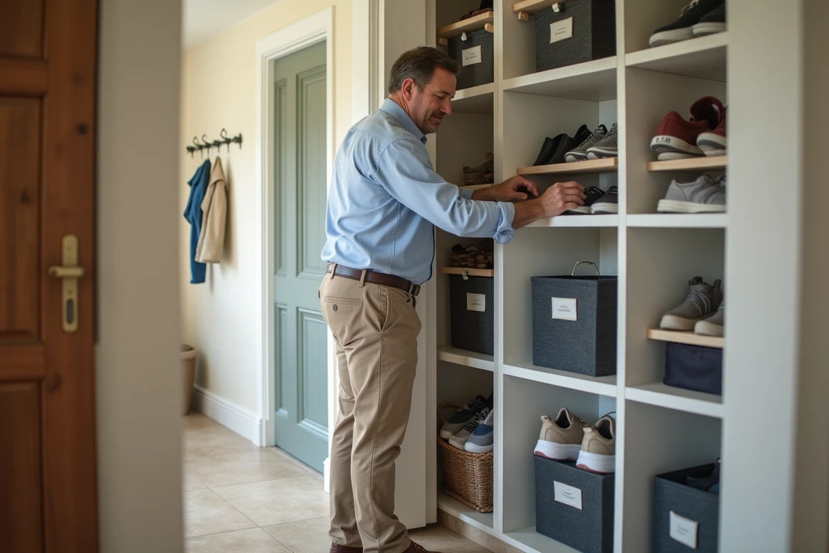 Homme range chaussures dans un placard d