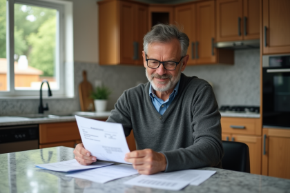 Homme examine factures de renovation dans une cuisine moderne
