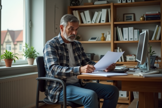 Homme d'âge moyen au bureau maison en jeans et chemise à carreaux