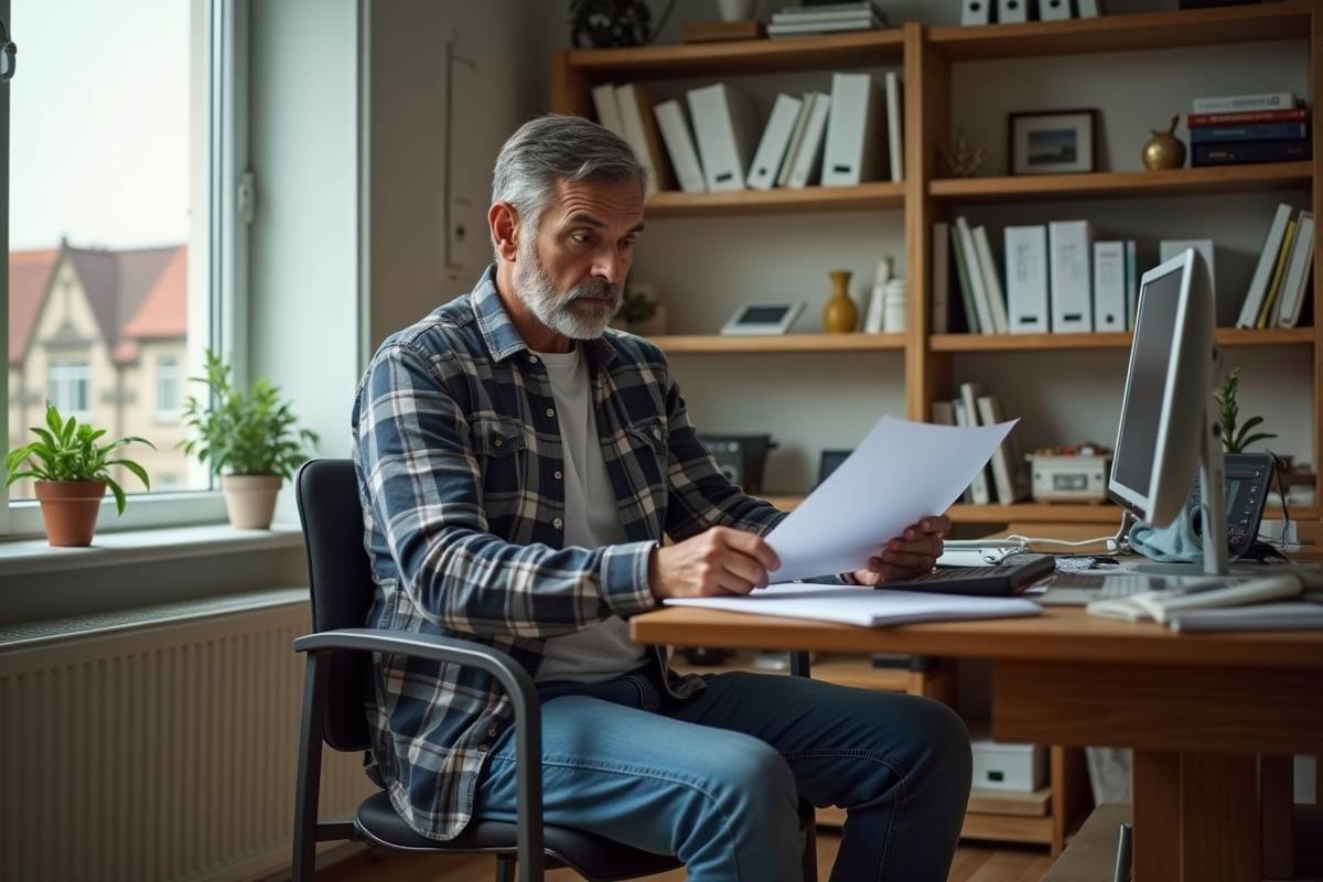 Homme d'âge moyen au bureau maison en jeans et chemise à carreaux