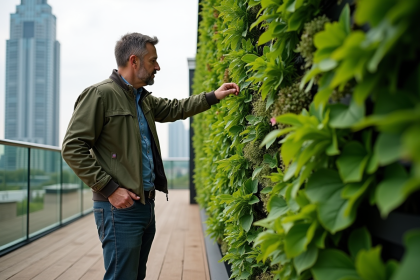 Homme inspectant un mur v&eacute;g&eacute;tal sur un toit urbain