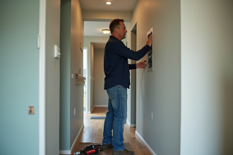 Homme inspectant un tableau électrique dans une maison rénovée