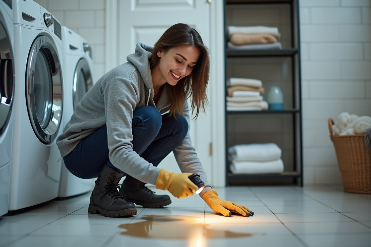 Femme souriante inspectant une fuite d