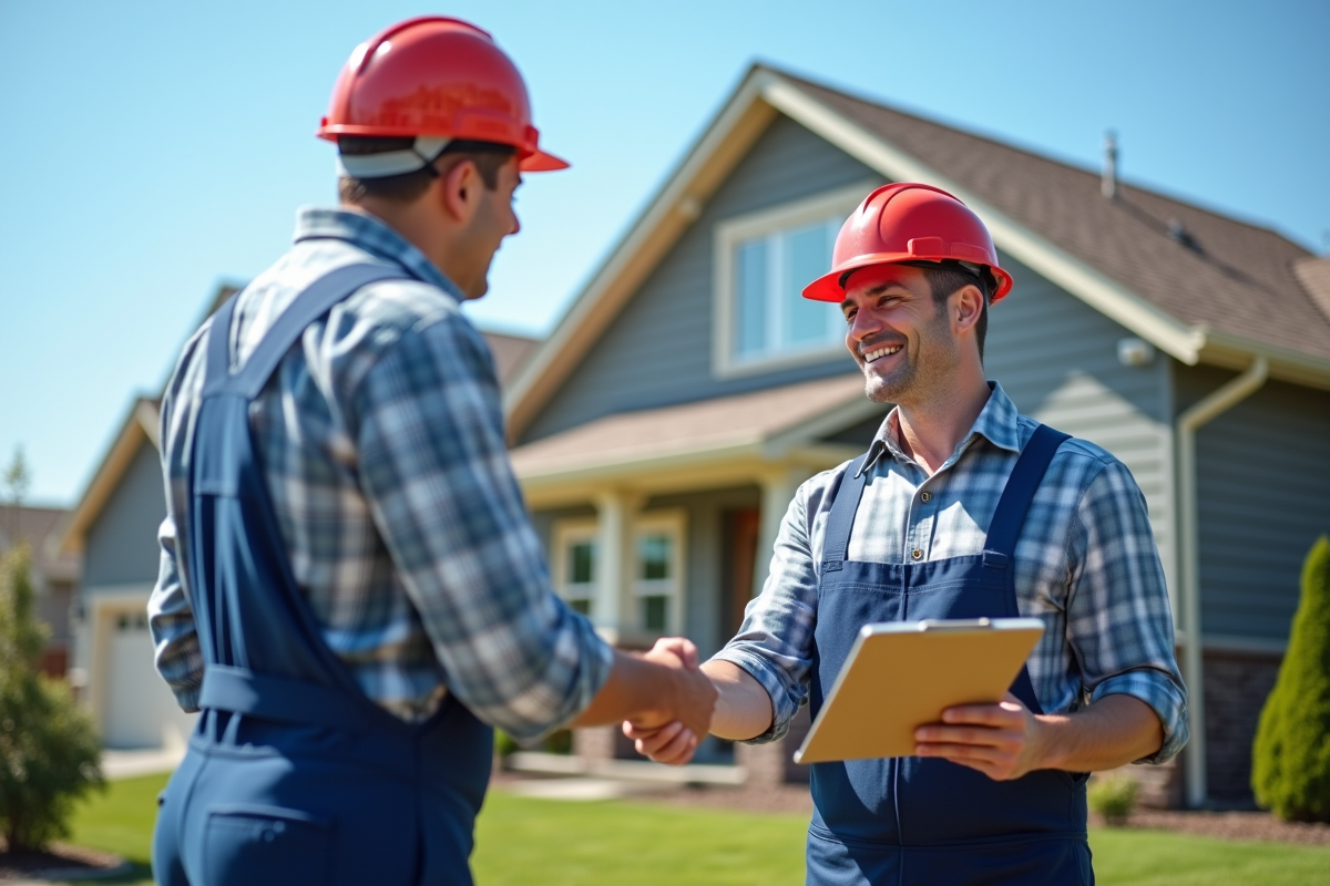 Inspecteur et propriétaire souriants devant maison rénovée