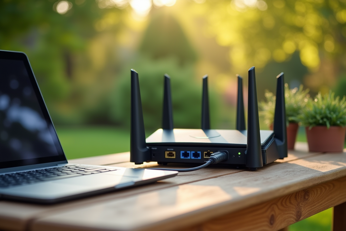 Personne installant un routeur internet moderne en extérieur