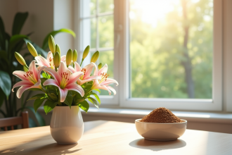 Intérieur de maison avec bouquet de lys et café