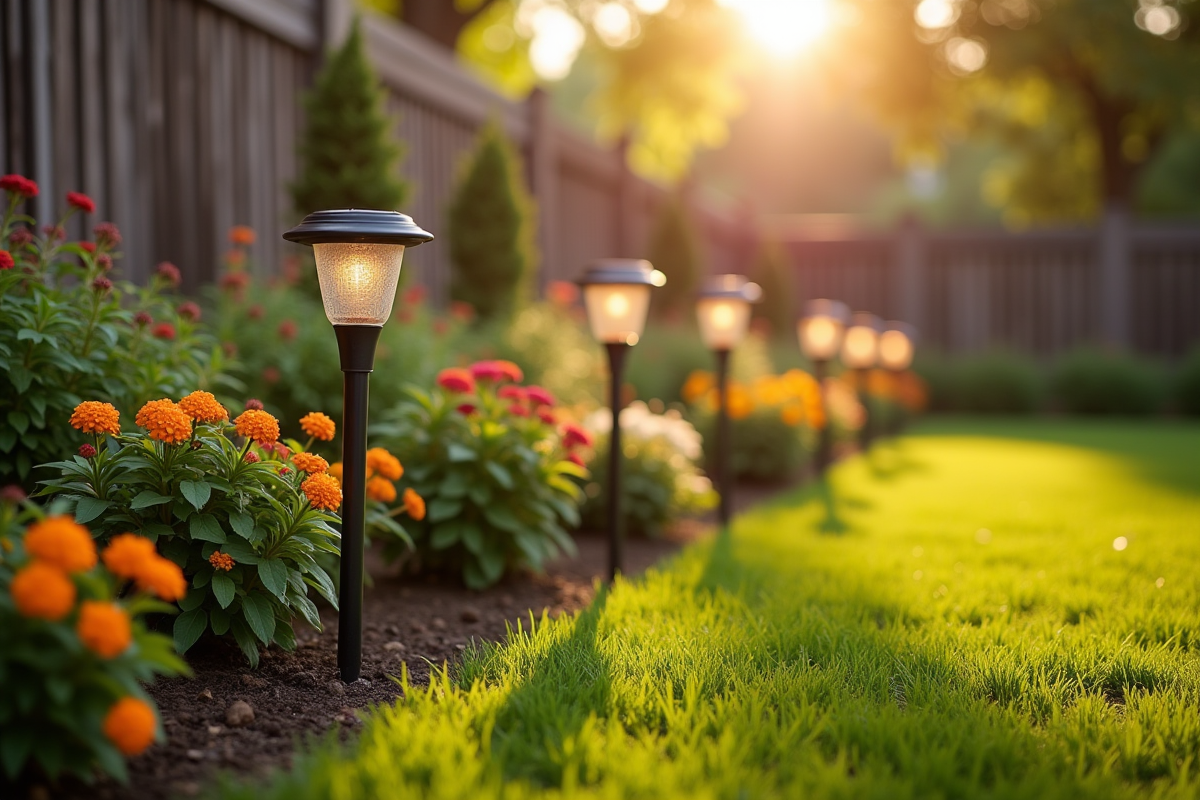 Grand jardin en plein jour avec lampes solaires colorées et fleurs éclatantes