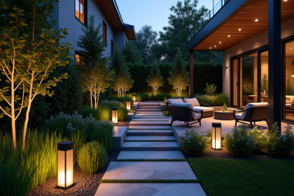 Jardin moderne au crépuscule avec éclairage élégant et ambiance chaleureuse