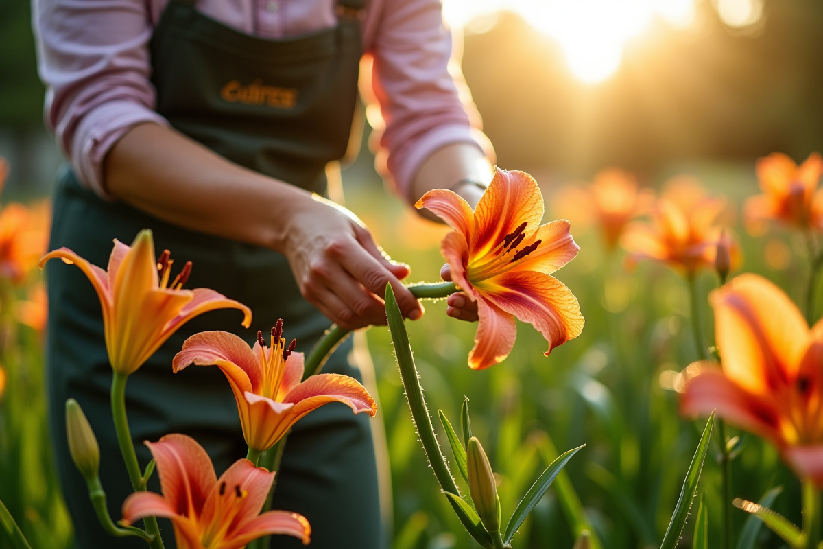 Jardinier récoltant des lys frais dans un jardin matinal