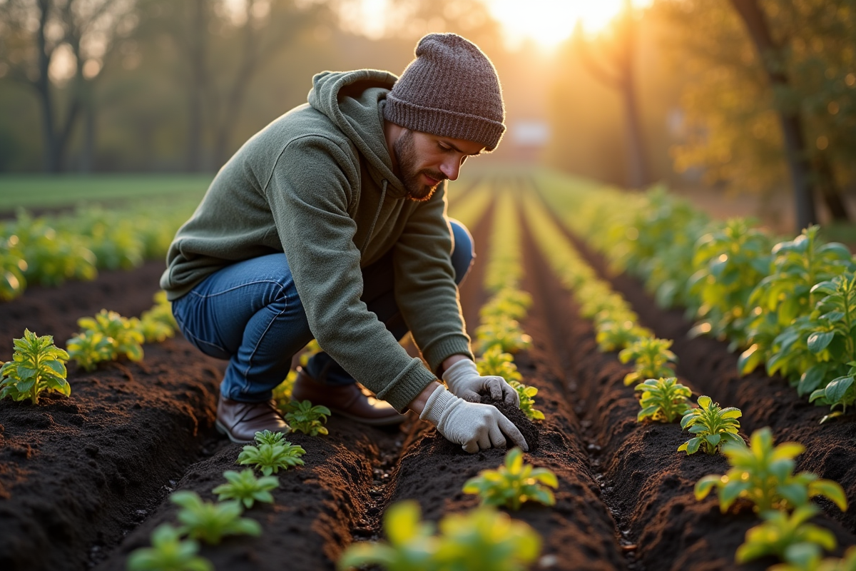 Jardinier en matinée plantant des graines dans un jardin rural