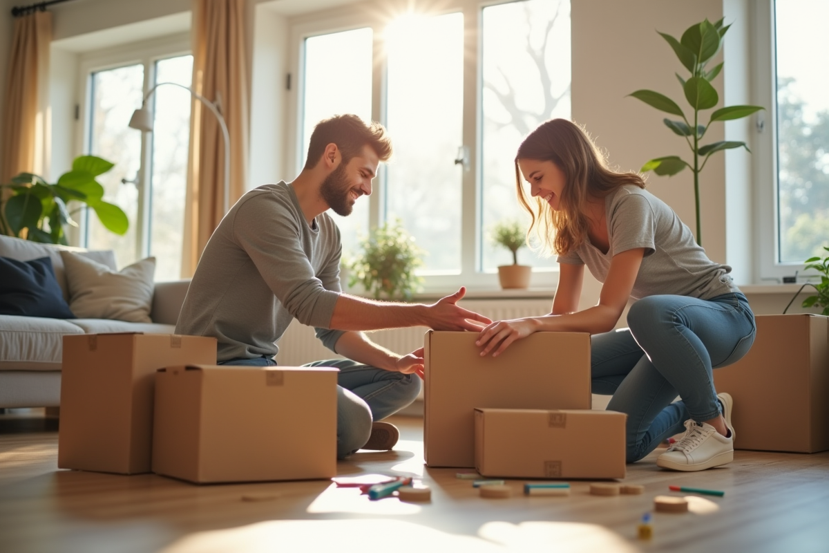 Jeune couple emballant des cartons dans un salon lumineux