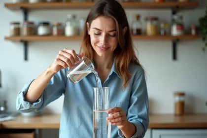 Jeune femme verse de l'eau dans un cylindre en cuisine moderne