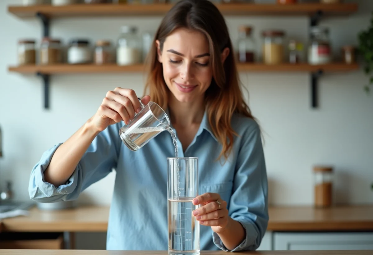 Jeune femme verse de l'eau dans un cylindre en cuisine moderne
