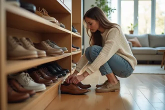Jeune femme organise chaussures sous un escalier moderne