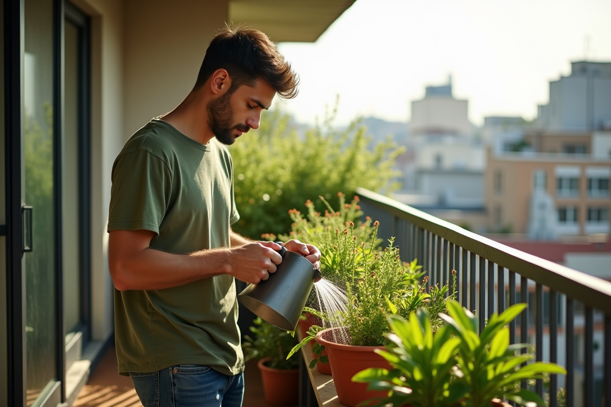 Jeune homme arrosant plantes vertes sur balcon ensoleille
